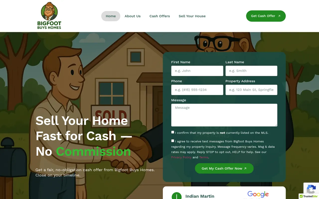 Bigfoot Buys Homes actual website screenshot