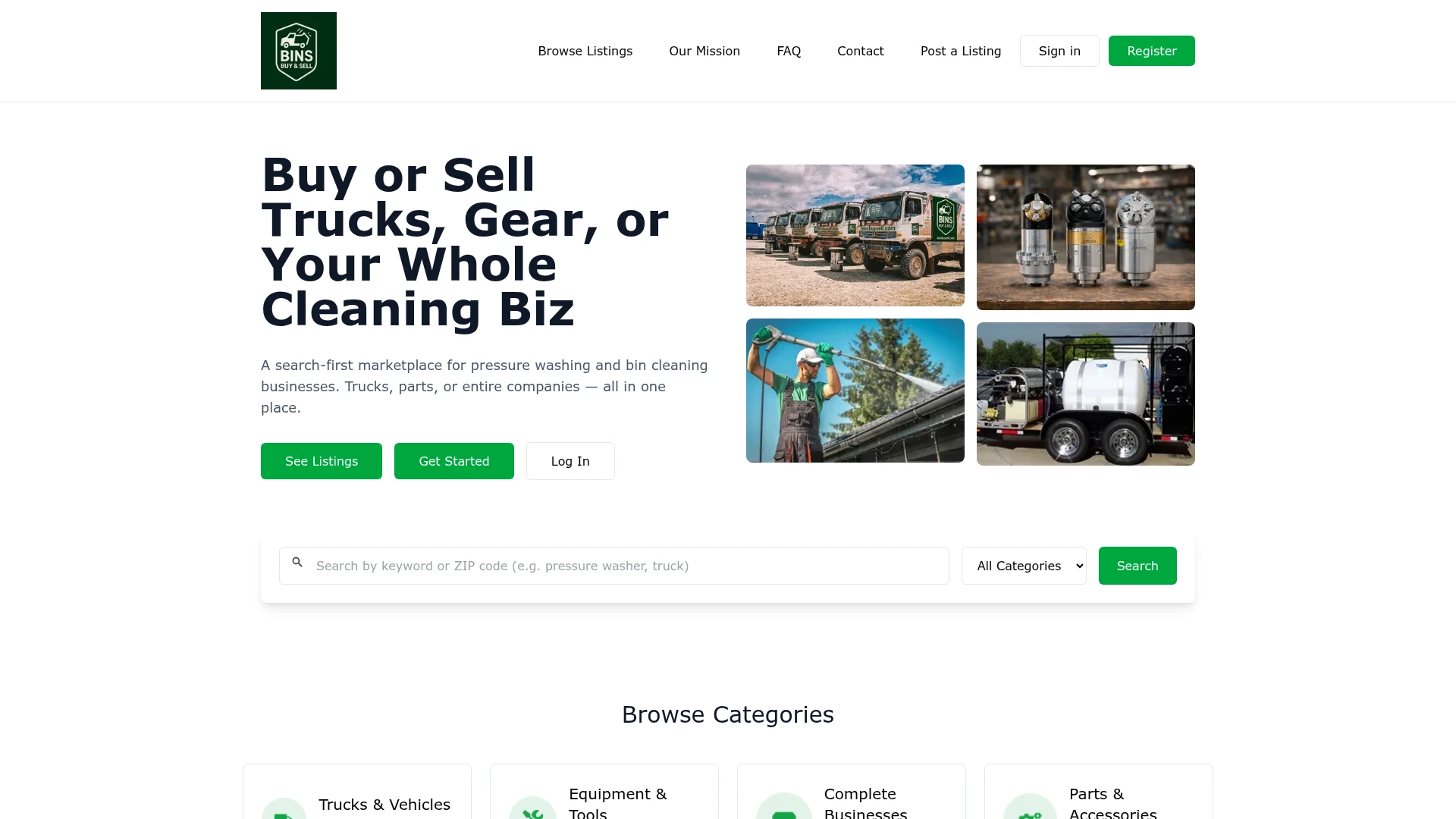 Bins Buy Sell actual website screenshot