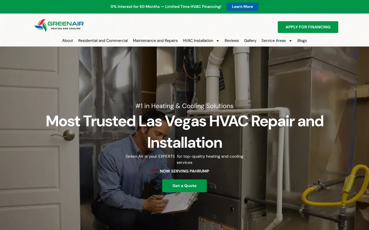 Green Air Heating & Cooling actual website screenshot