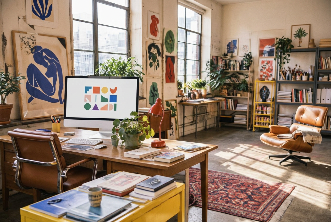 A welcoming creative workspace with colorful artwork and natural light
