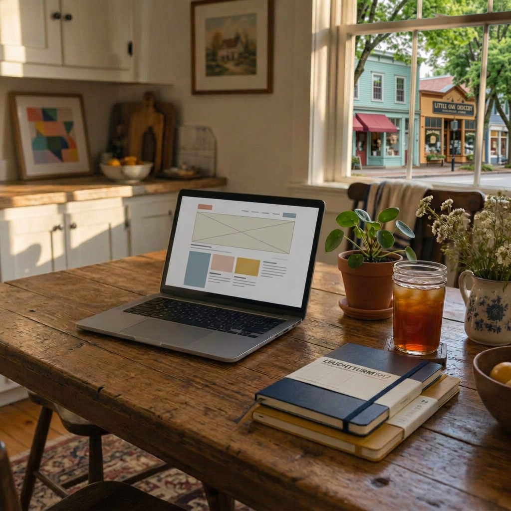 A laptop and coffee in a relaxed small-business workspace